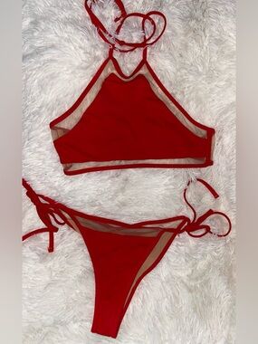 Red Women's High-Neck Mesh Insert Bikini Set